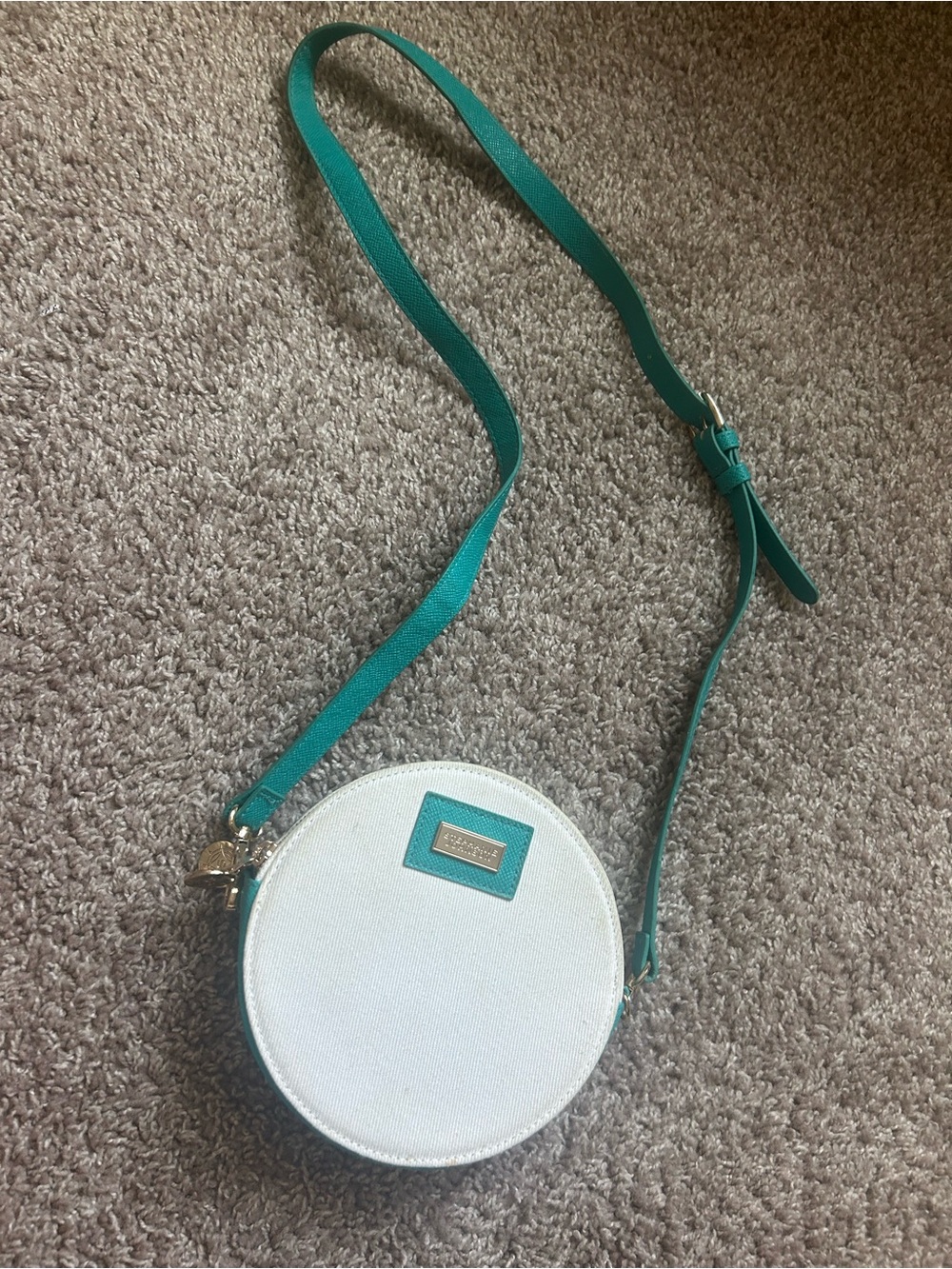 Stephanie Johnson White and Teal Round Crossbody Bag